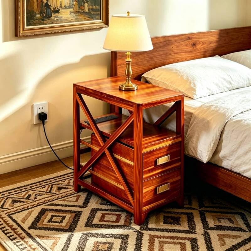 Fully Assembled Narrow Side Table with Charging Station, No Assembly Narrow Nightstand with USB Ports, Pre Assembled Skinny End Table with Outlets for Living Room, Bedroom-Golden Koa