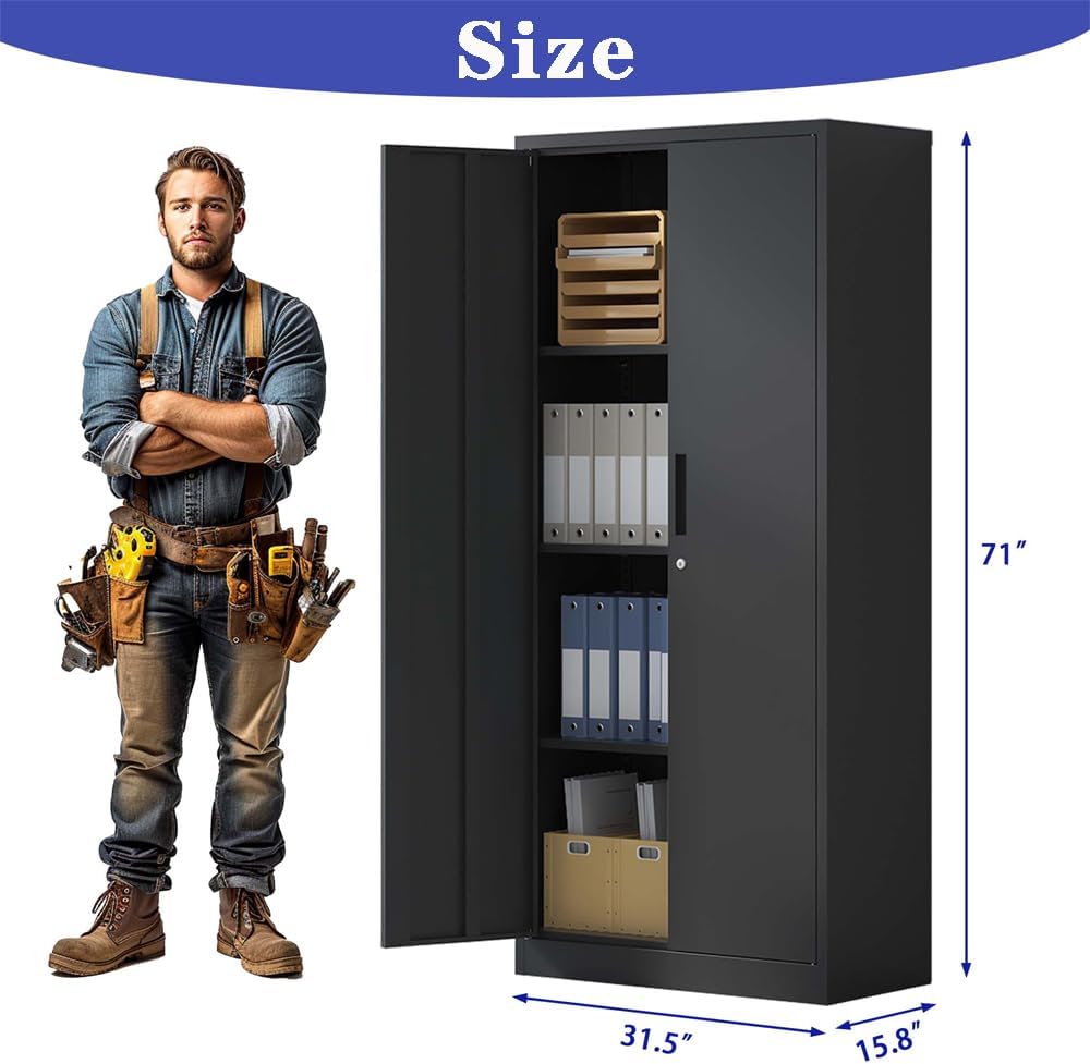 Lockable Cabinet Metal Storage Cabinet, 69" Locking Metal Storage Cabinet with 3 Adjustable Shelves,Black Metal Cabinet with 2 Doors and Lock for Office, Garage, Home (Black, 69")