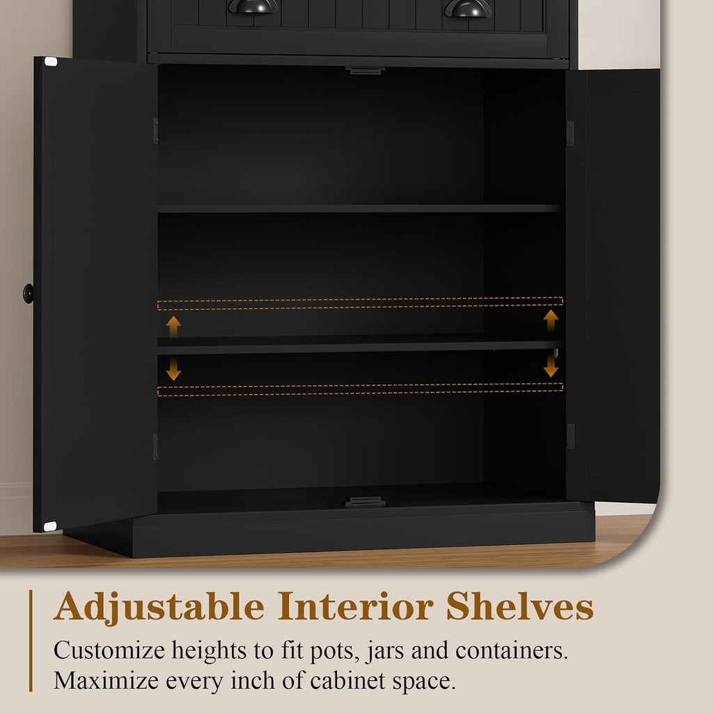 HOLTICO 54" Microwave Storage Cabinet with Doors, Black | Freestanding Kitchen Pantry with Drawer, Coffee Bar Station with Cable Management