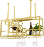 39" Ceiling Wine Rack Gold, Metal Hanging Bottle Rack with Guardrail | Honeycomb Structure Wine Shelf | 150Lbs Capacity | for Home, Hotel, Restaurant, Bar, Cafe, Cellar