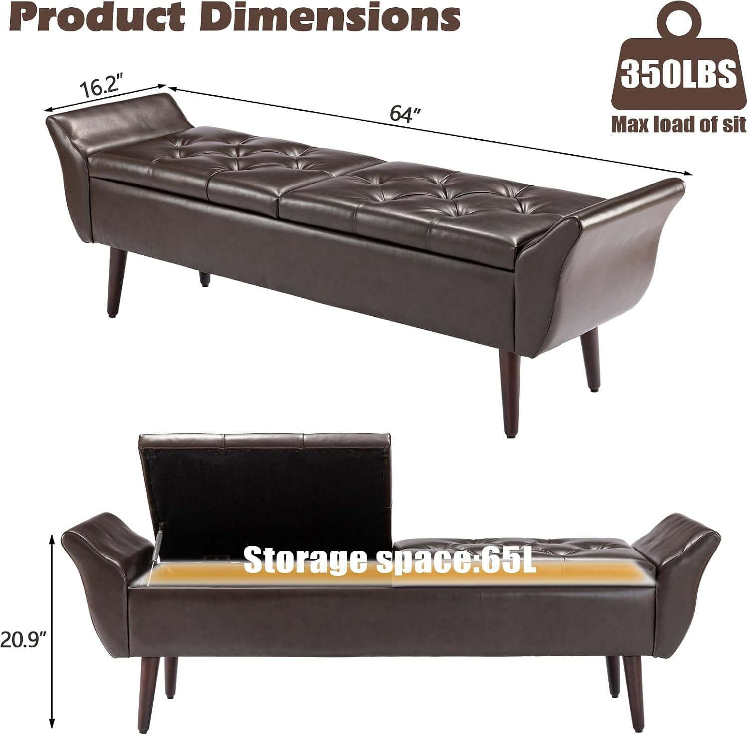 ZZW Storage Ottoman Bench 64’’Length 65L Faux Leather End of King Bed Bench
