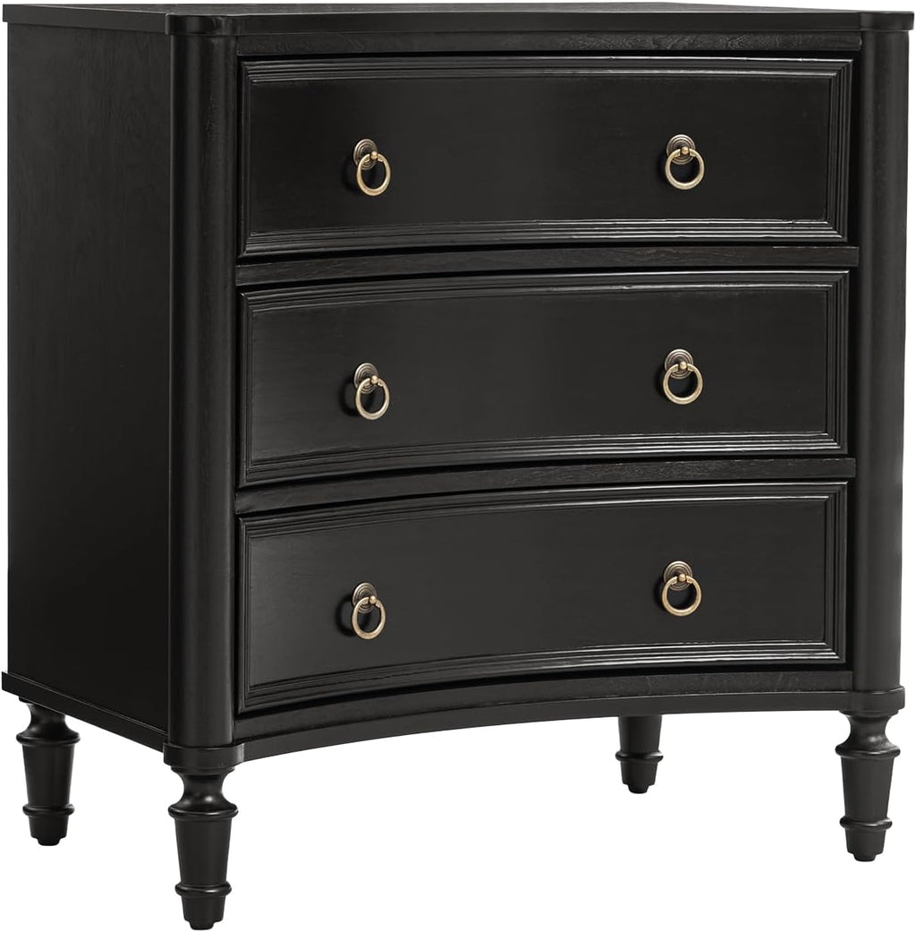 HULALA HOME 3 Drawer End Table with Charging Station, 26" Wide Endtable with Solid Wood Legs and Curved Profile, Classic Side Table for Living Room, Black