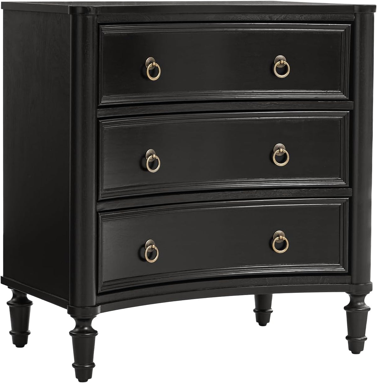 HULALA HOME 3 Drawer End Table with Charging Station, 26" Wide Endtable with Solid Wood Legs and Curved Profile, Classic Side Table for Living Room, Black