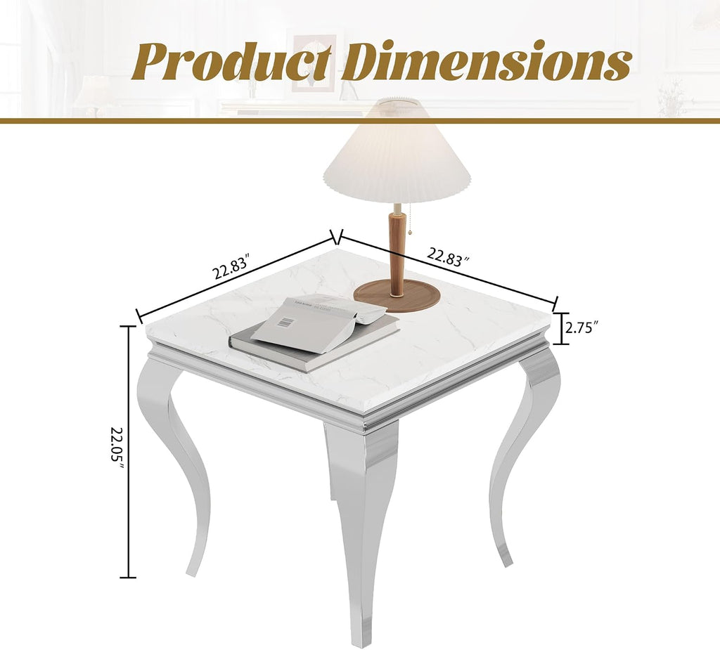 Square Faux Marble End Table, Modern Elegant Side Table with Stainless Steel Legs and Silver Mirrored Finish, Luxury End Table for Living Room, Bedroom, Office