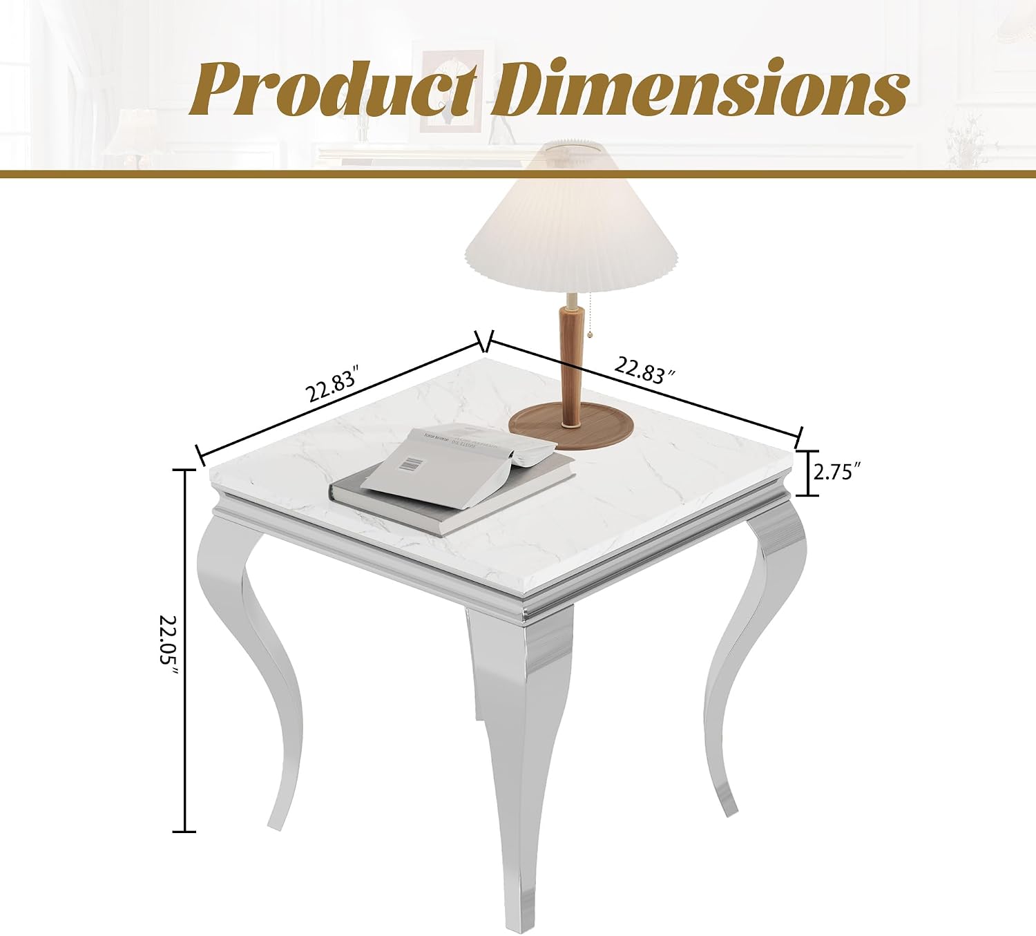 Square Faux Marble End Table, Modern Elegant Side Table with Stainless Steel Legs and Silver Mirrored Finish, Luxury End Table for Living Room, Bedroom, Office