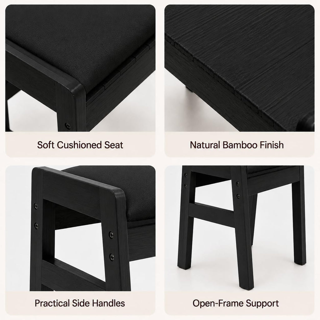 BAMBOOHOMIE Foot Stool Ottoman, Modern Vanity Stool Chair for Makeup with Removable Cushion & Side Handles, Bamboo Ottoman for Living Room Bedroom Office, Small Foot Rest for Couch (Black - Black)
