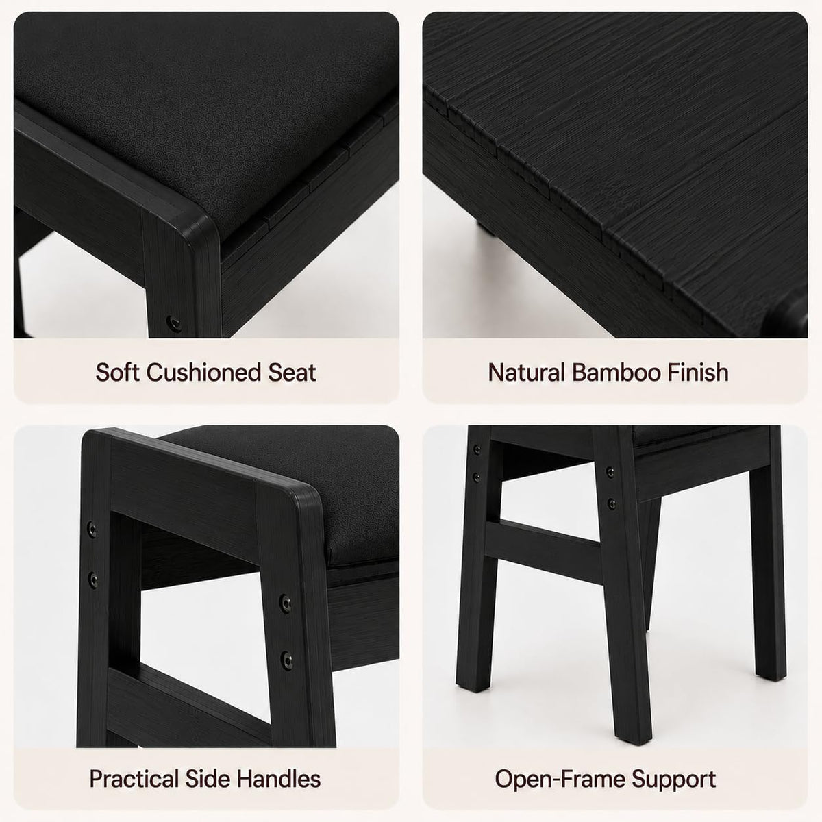 BAMBOOHOMIE Foot Stool Ottoman, Modern Vanity Stool Chair for Makeup with Removable Cushion & Side Handles, Bamboo Ottoman for Living Room Bedroom Office, Small Foot Rest for Couch (Black - Black)