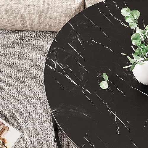 aboxoo Round Nesting Coffee Table Side Set of 2 End Tables for Living Room Bedroom Balcony,Black Faux Marble Wooden Table 23.6IN Accent Large Coffee Table with Steel Frame