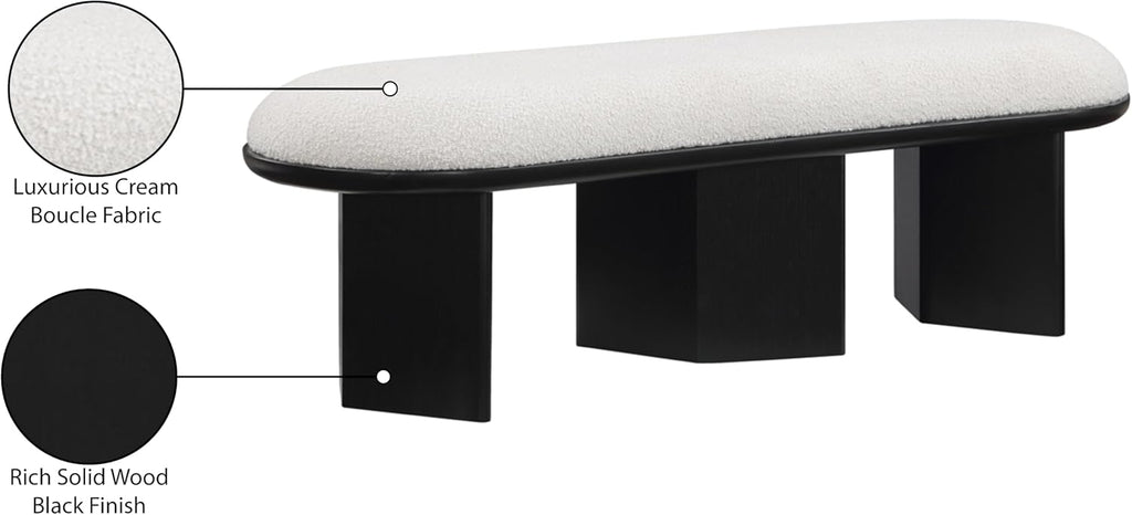 Meridian Furniture 22005Cream Wilshire Collection Art Deco Bench with Luxurious Cream Boucle Fabric and Rich Solid Wood with Black Finish, 57.5" W x 20" D x 18" H, Cream