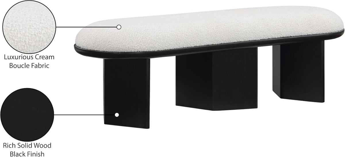 Meridian Furniture 22005Cream Wilshire Collection Art Deco Bench with Luxurious Cream Boucle Fabric and Rich Solid Wood with Black Finish, 57.5" W x 20" D x 18" H, Cream