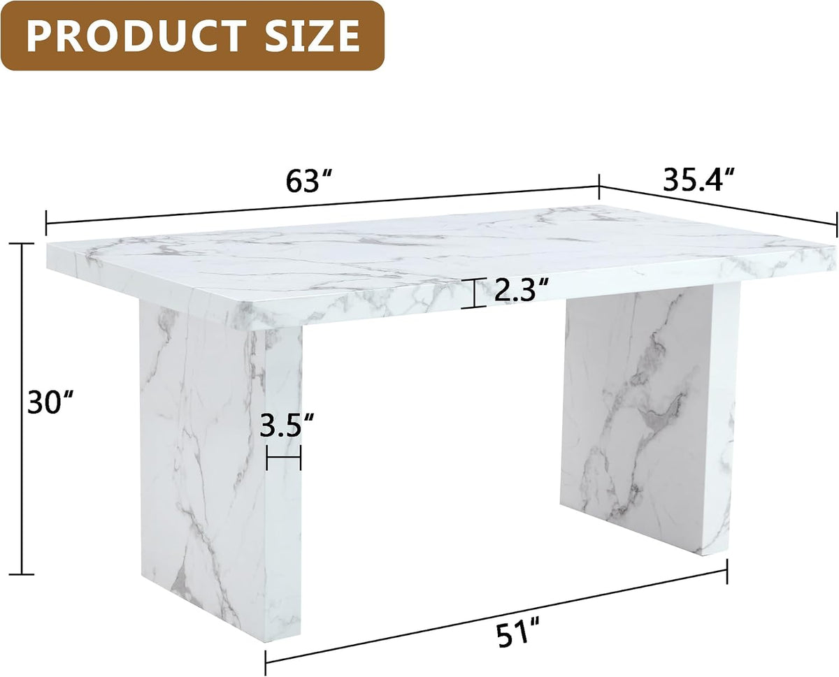 63" Dining Table Set for 6, White Faux Marble Dining Room Table and 6 PU Leather Chairs with Silver Metal Legs, Easy Assembly Kitchen Dining Set for Home, Apartment