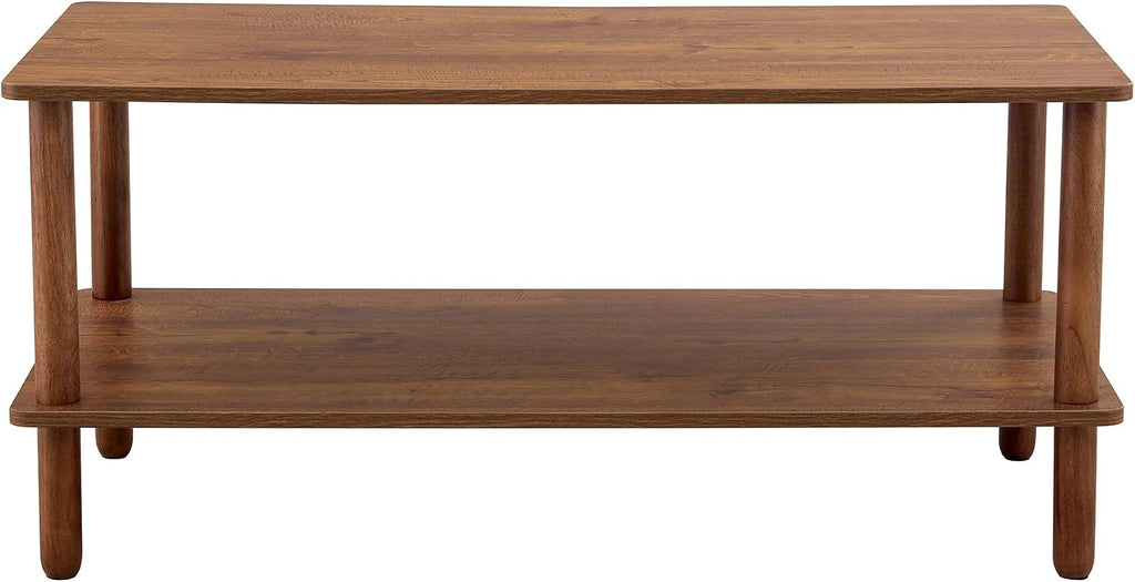 Modern Double-Layer Living Room Coffee Table, Rectangular Center Table with Open Storage Rack, Circular Rubber Wooden Leg Coffee Table, Stable and Durable, Easy to Assemble (Walnut + MDF)