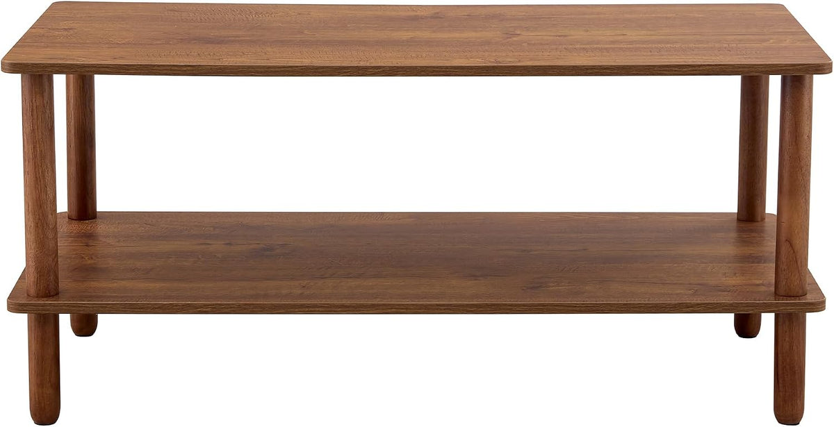 Modern Double-Layer Living Room Coffee Table, Rectangular Center Table with Open Storage Rack, Circular Rubber Wooden Leg Coffee Table, Stable and Durable, Easy to Assemble (Walnut + MDF)