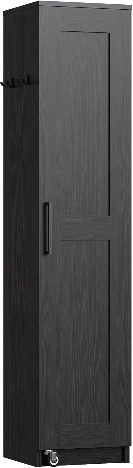 IRONCK Narrow Kitchen Pantry Storage Cabinet, 72" Slim Single Door with 6 Adjustable Shelves, Door Rack and Wheels, Space Saving Freestanding Storage Floor Cabinet for Small Place, Black