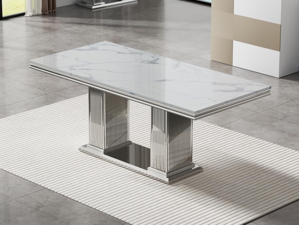 9 Piece Dining Table Set, 68.11" Dining Table and Chairs Set for 8, Modern Faux Marble Dining Table with 8 Grey Leather Chairs, White Kitchen Table with Silver Stainless Steel Base for Kitchen