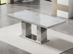 9 Piece Dining Table Set, 68.11" Dining Table and Chairs Set for 8, Modern Faux Marble Dining Table with 8 Grey Leather Chairs, White Kitchen Table with Silver Stainless Steel Base for Kitchen