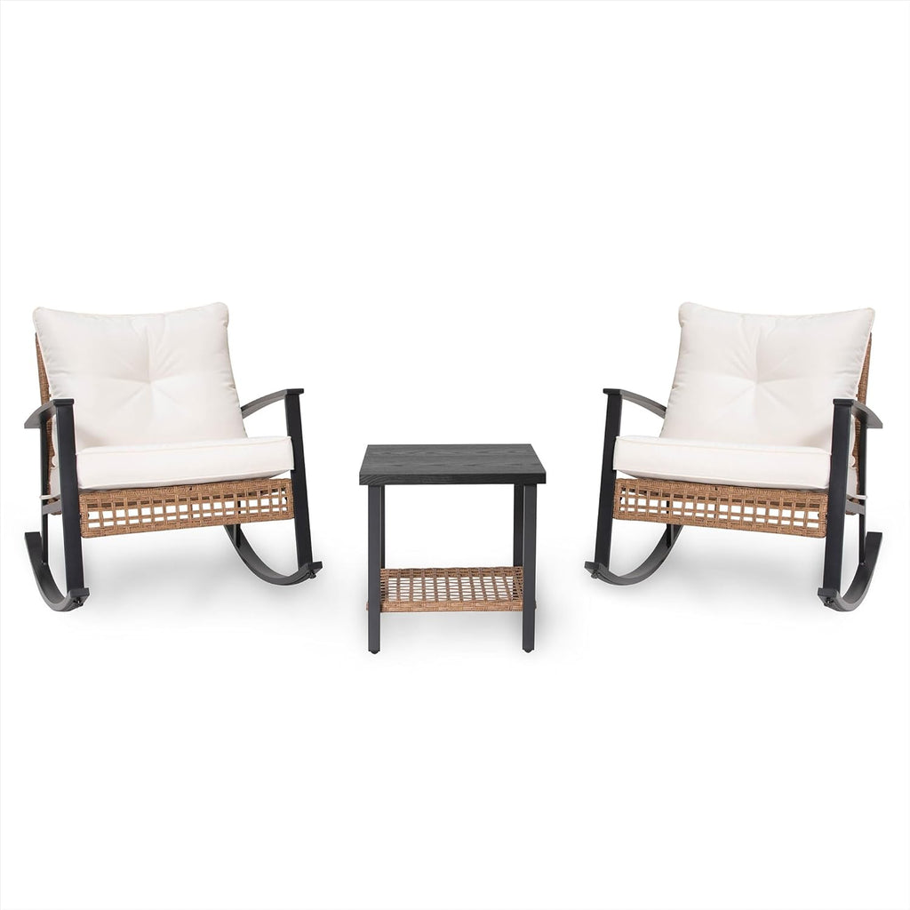 LAUSAINT HOME 3-Piece Rocking Bistro Set, Outdoor Patio Furniture with Thick Cushions and 2-Tier Coffee Table, Oversize Rattan Conversation Set for Garden, Balcony, Backyard (Beige)