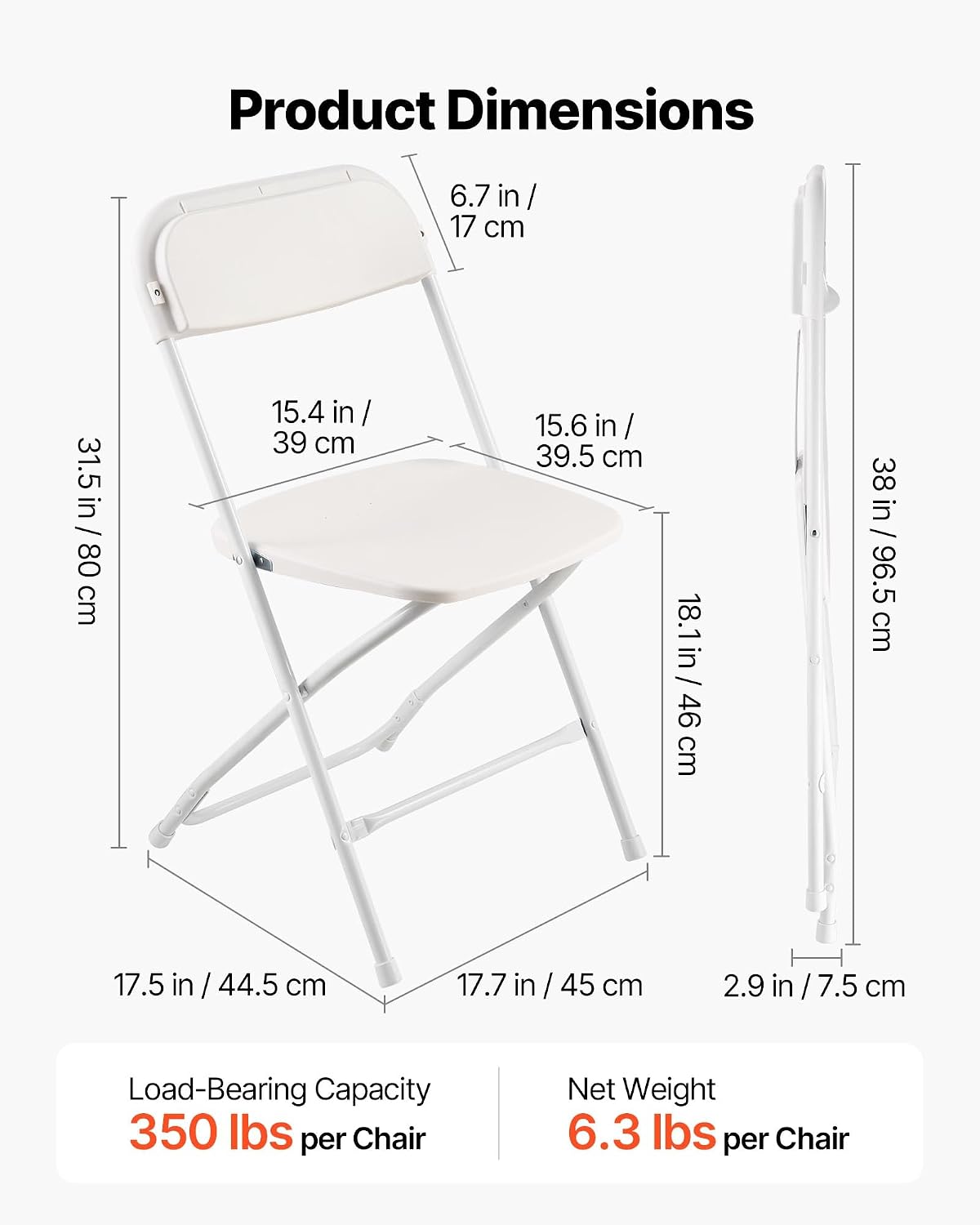 VEVOR 4 Pack Folding Chairs, Foldable Plastic Chair with Reinforced Metal Frame, Heavy Duty Portable Party Chairs, Stackable Indoor Outdoor Seat w/Non-Slip Feet for Event Dining Patio, 350lbs Capacity