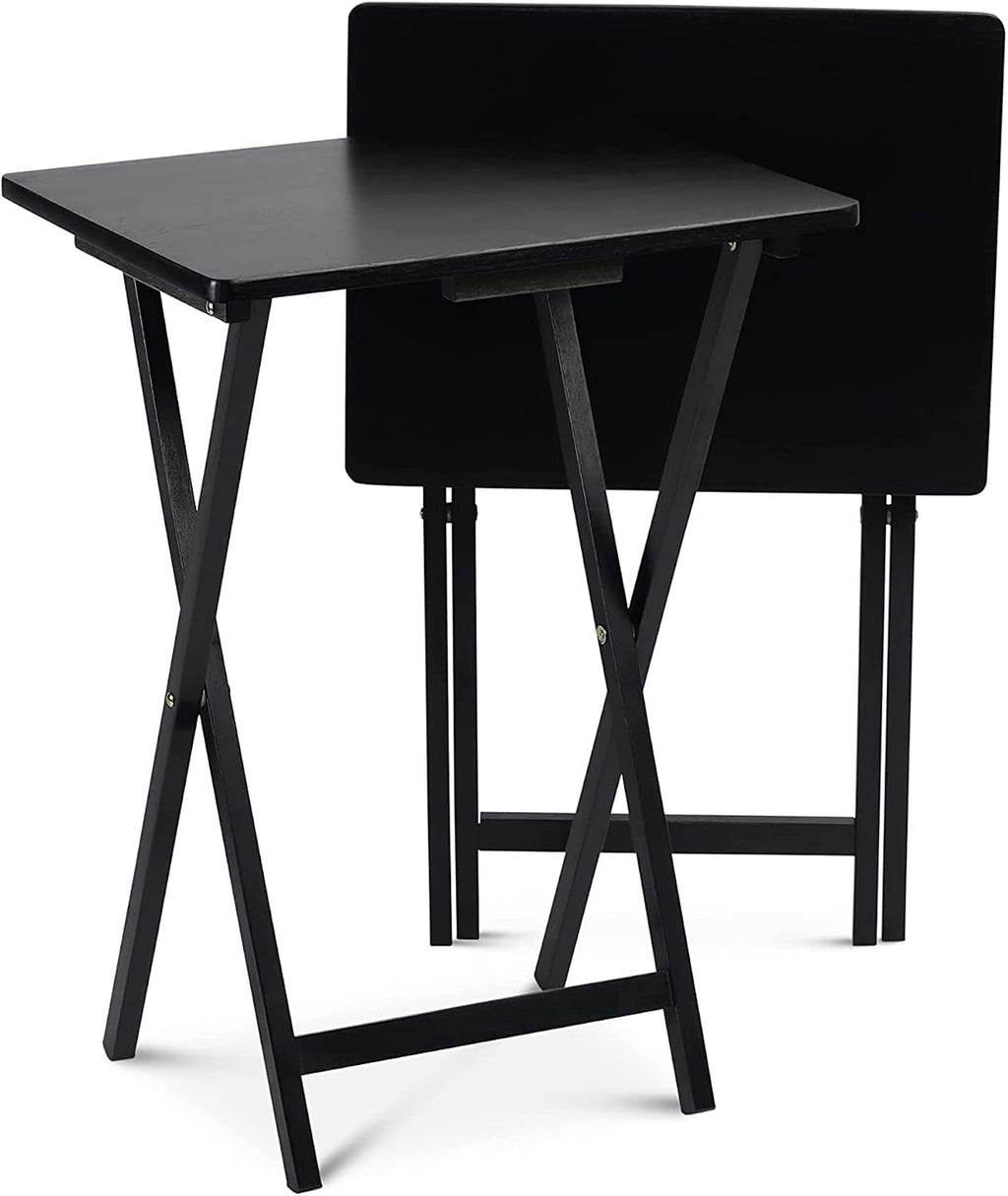 PJ Wood - Folding TV Tray Table Set of 2 - Black Collapsible Snack Tables | Solid Rubberwood Construction, Fully Assembled, 19.09 x 14.57 x 25.98 in, Cross Base Glide Feet, Storage Rack Included, 5 lb