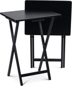 PJ Wood - Folding TV Tray Table Set of 2 - Black Collapsible Snack Tables | Solid Rubberwood Construction, Fully Assembled, 19.09 x 14.57 x 25.98 in, Cross Base Glide Feet, Storage Rack Included, 5 lb