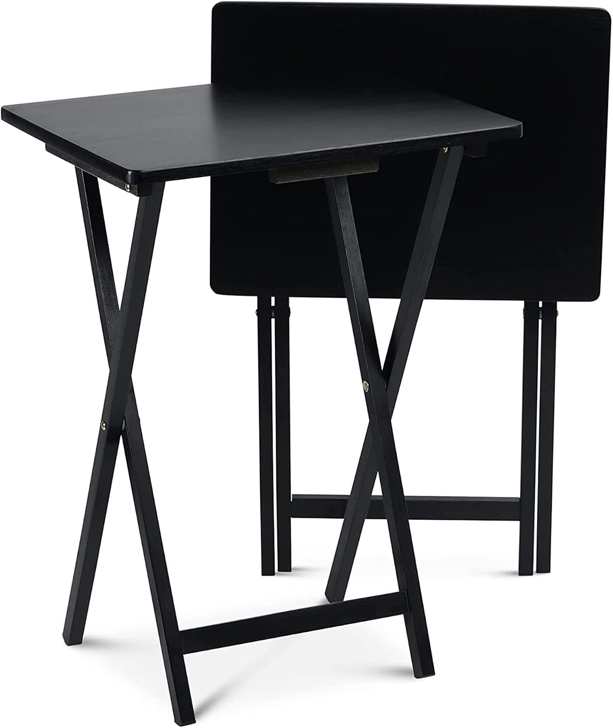 PJ Wood - Folding TV Tray Table Set of 2 - Black Collapsible Snack Tables | Solid Rubberwood Construction, Fully Assembled, 19.09 x 14.57 x 25.98 in, Cross Base Glide Feet, Storage Rack Included, 5 lb