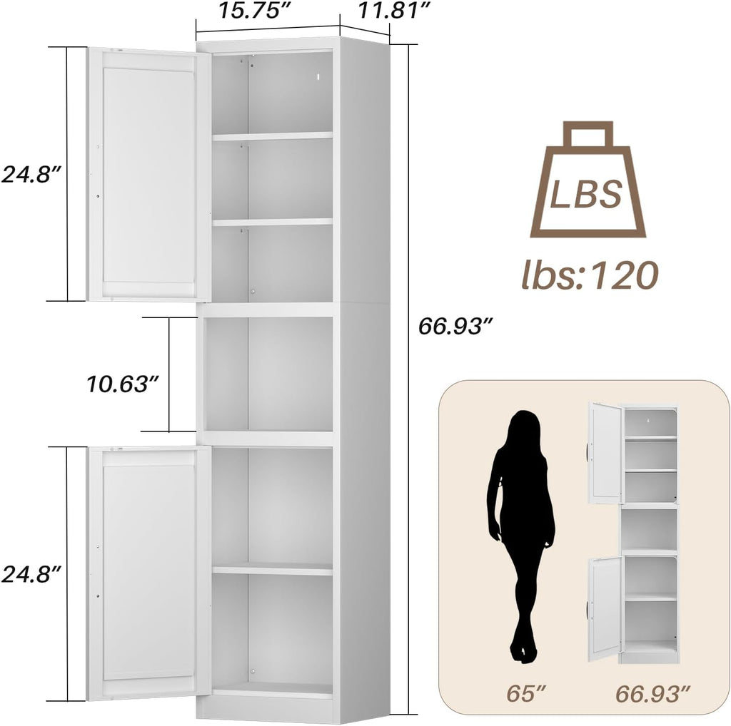 67" Tall Slim Pantry Cabinet, Narrow Bathroom Storage Cabinet | Metal Skinny Cabinet with Door and Adjustable Shelves, for Small Spaces, Kitchen, Bathroom, Laundry Room, Living Room, White