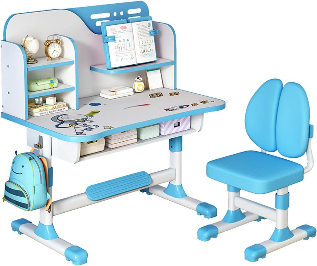 Kids Functional Desk and Chair Set, Ergonomic Height Adjustable Children School Study Desk with Storage, Book Stand, Metal Hook and Drawer for Boys Girls (Blue)