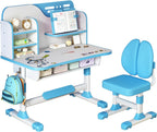 Kids Functional Desk and Chair Set, Ergonomic Height Adjustable Children School Study Desk with Storage, Book Stand, Metal Hook and Drawer for Boys Girls (Blue)