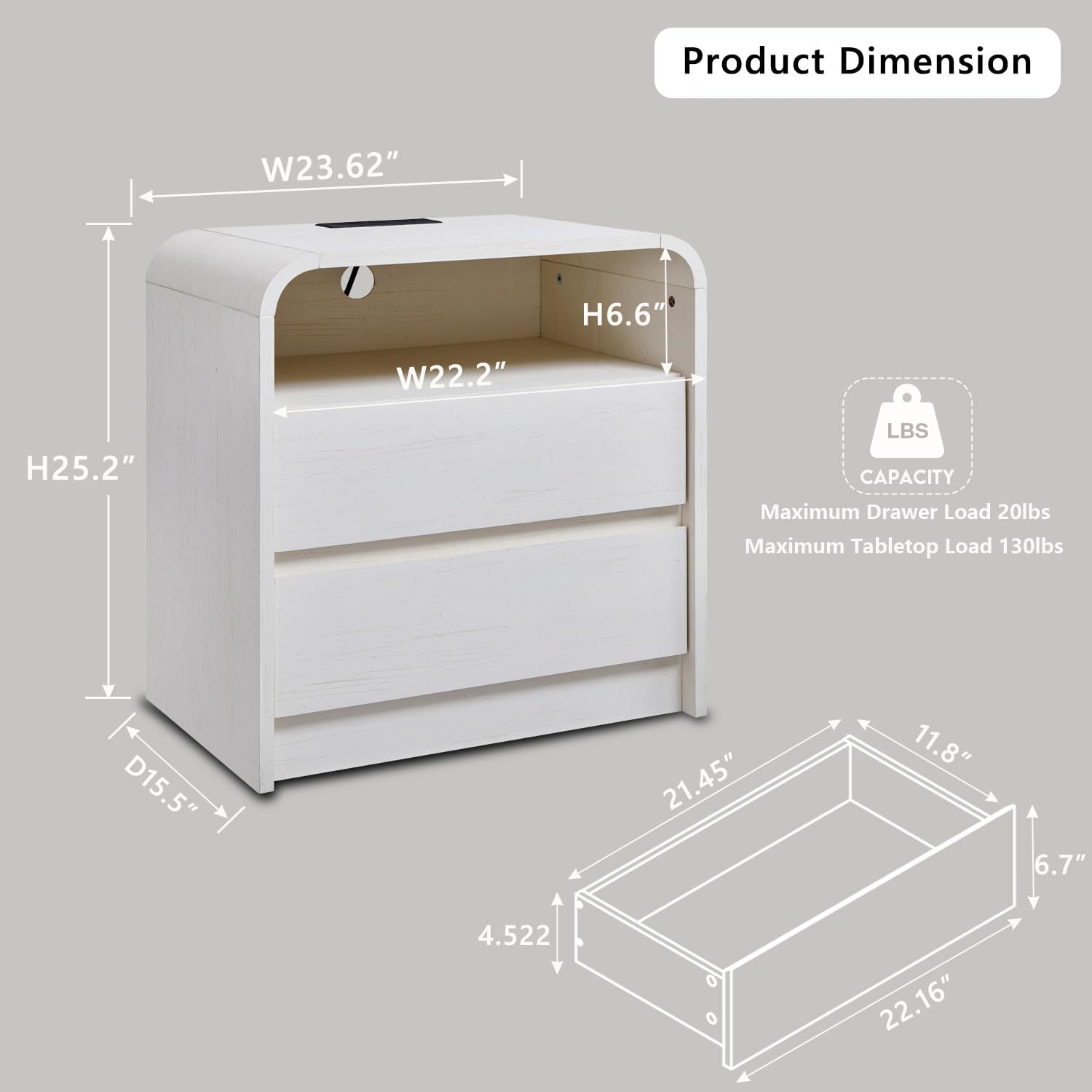Aitjunz 25" Tall Modern Nightstand, Wood Curved Bedside Table, White