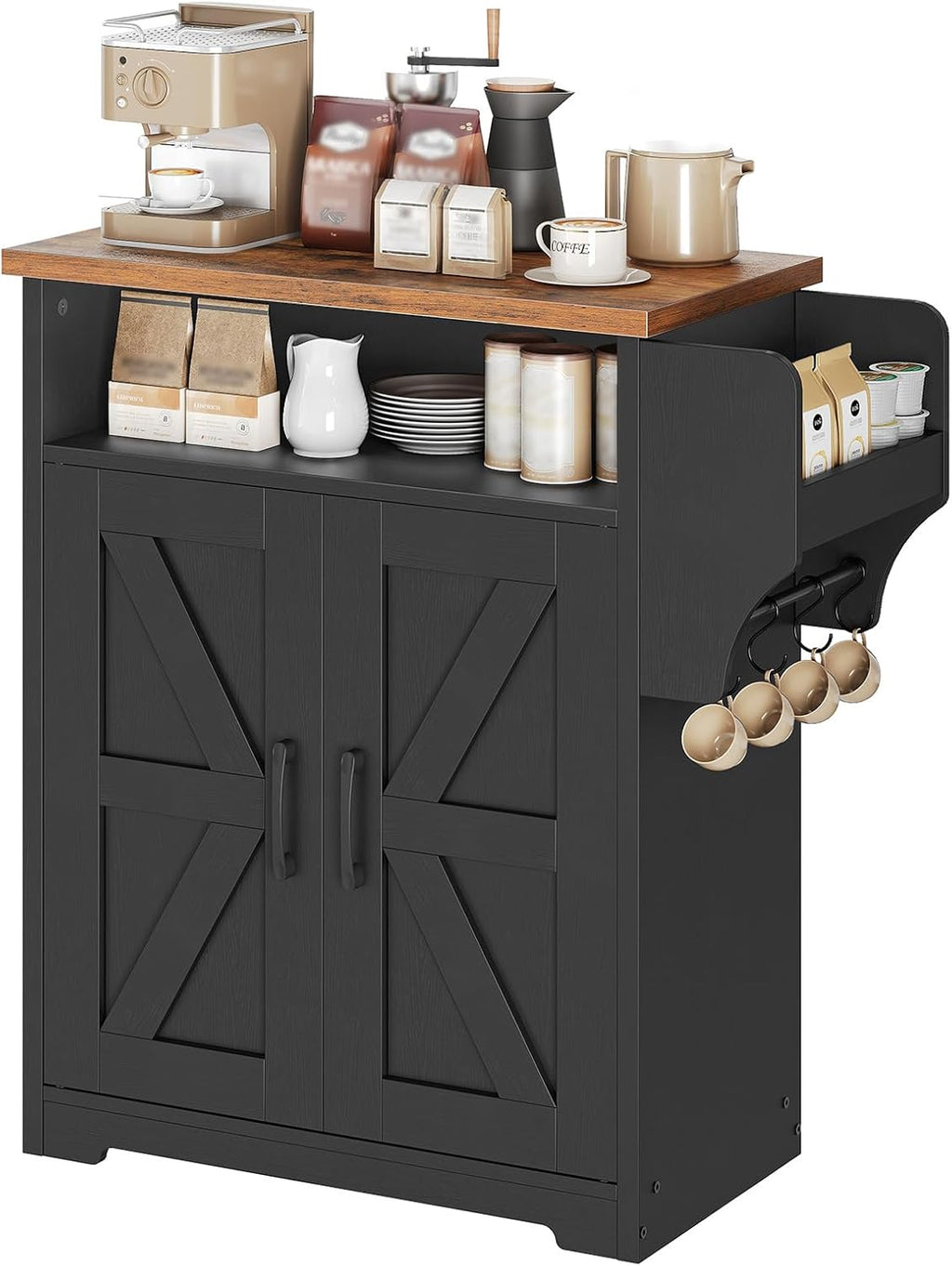 YATINEY Coffee Bar Cabinet, Kitchen Island with Storage, Farmhouse Sideboard Buffet Cabinet with Dual-Purpose Floating Shelf and Hooks, for Restaurant, Living Room, Rustic Brown KF22BR