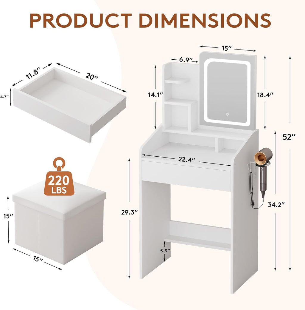 LIVELYGLOW 24" White Small Vanity Set with Lighted Mirror & Storage Stool | Smart LED Mirror, Charging Station, Hairdryer Rack, Space-Saving