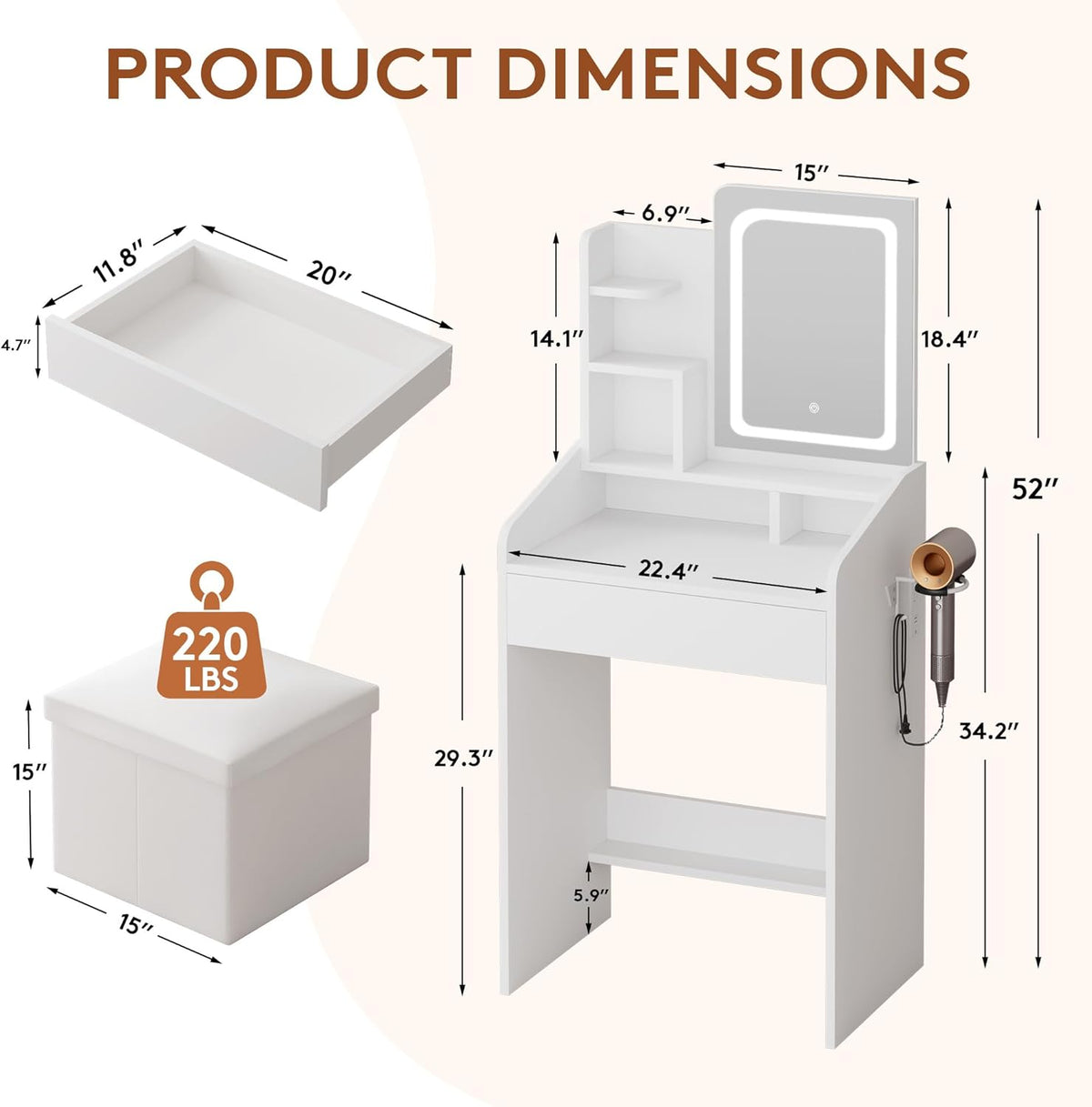 LIVELYGLOW 24" White Small Vanity Set with Lighted Mirror & Storage Stool | Smart LED Mirror, Charging Station, Hairdryer Rack, Space-Saving