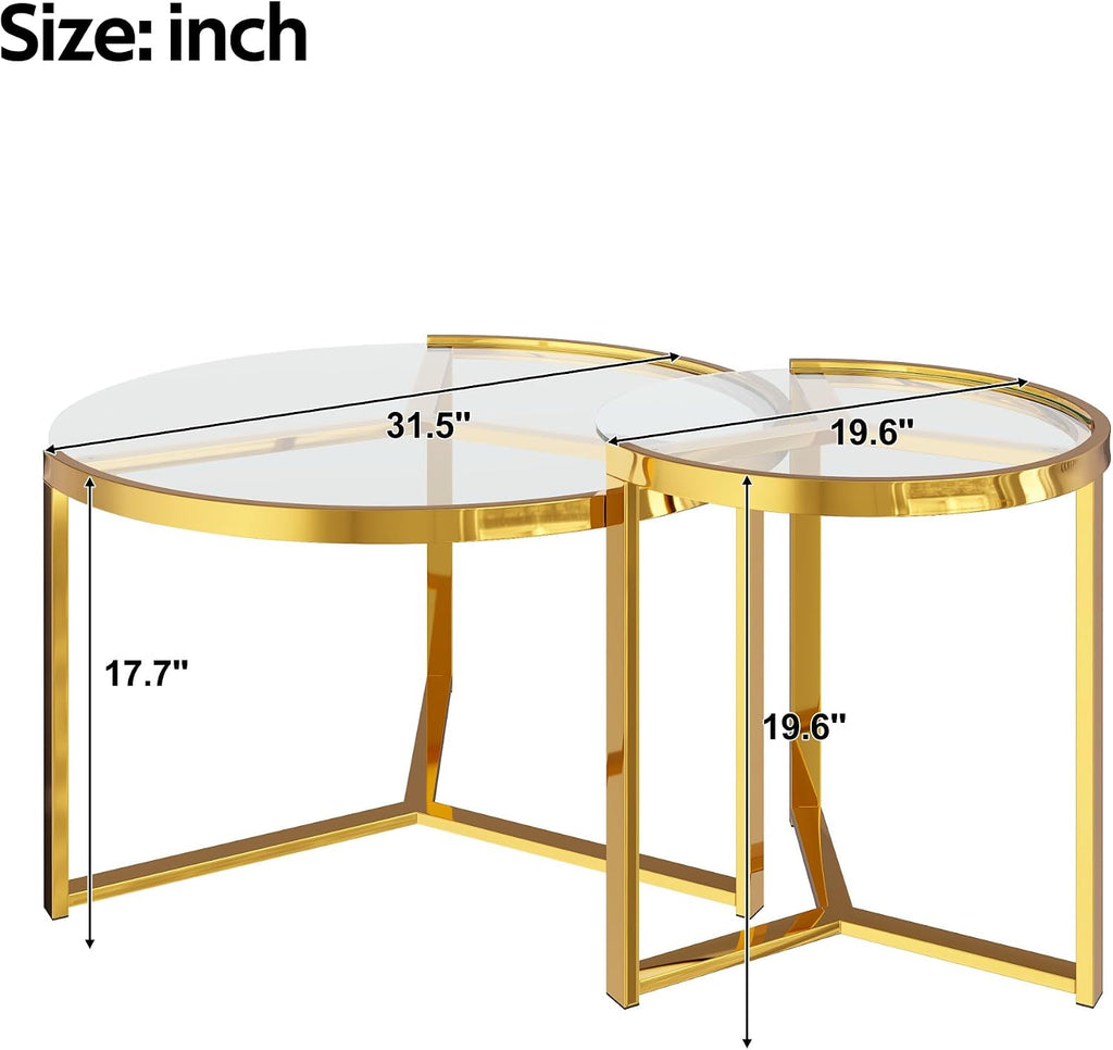 Glass Nesting Coffee Table Set with Metal Frame & Glam Design, Transparent | Modern Round Cocktail Center Table with Tempered Glass, Luxury for Living Room & Home Decor