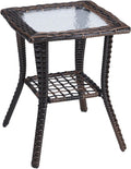 VINGLI Outdoor Side Table with Storage Wicker Patio Side Table, Tempered Glass Top End Table for Balcony Porch Deck (Brown)