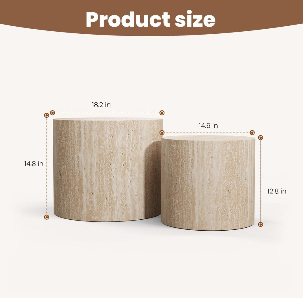 WXFKLDJ Round Nesting Coffee Table Set of 2, Wood Side Table, Travertine | Modern Handcraft Drum Coffees Table, Farmhouse Style End Table, for Living Room Small Spaces, No Assembling