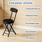 Folding Stool with Back, Padded Leather Round Foldable Stool, Foldable Bar Chairs, Round Portable Collapsible Stool for Gardening Kitchen Camping Cafe Indoor Outdoor,Black