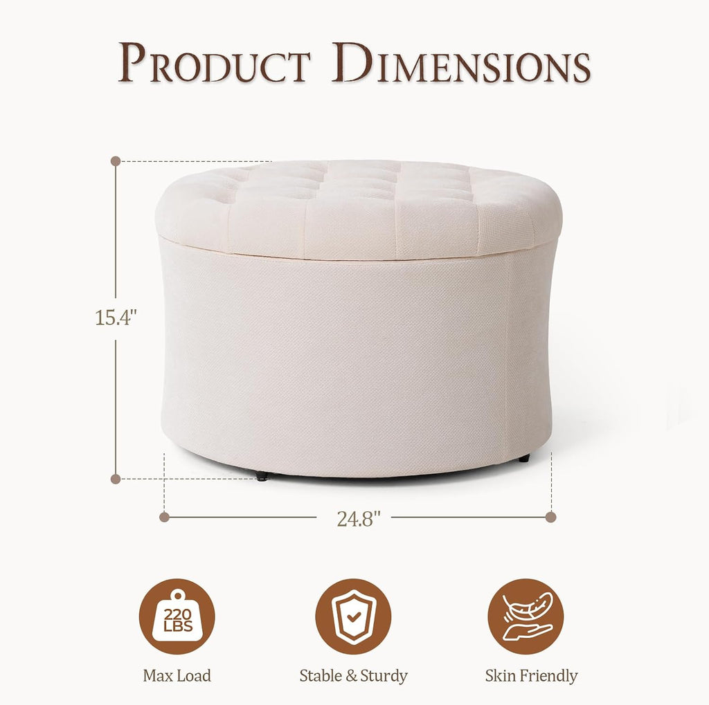 ONBRILL Round Ottoman Foot Rest, 24" Storage Ottoman | 15.4" Height Foot Stool（Better for Low-Profile Sofa), Large Size Bedside Storage, Extra Seat, Entryway Shoe Bench