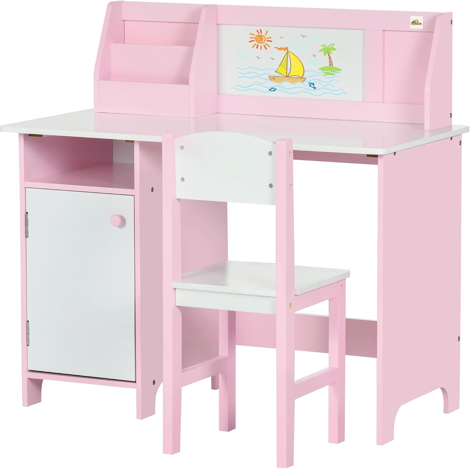Toddler Table and Chair Set with Whiteboard and Storage Cabinet, Pink | Kids Writing Desk and Homework Table for Drawing, Learning, and Playroom Activities