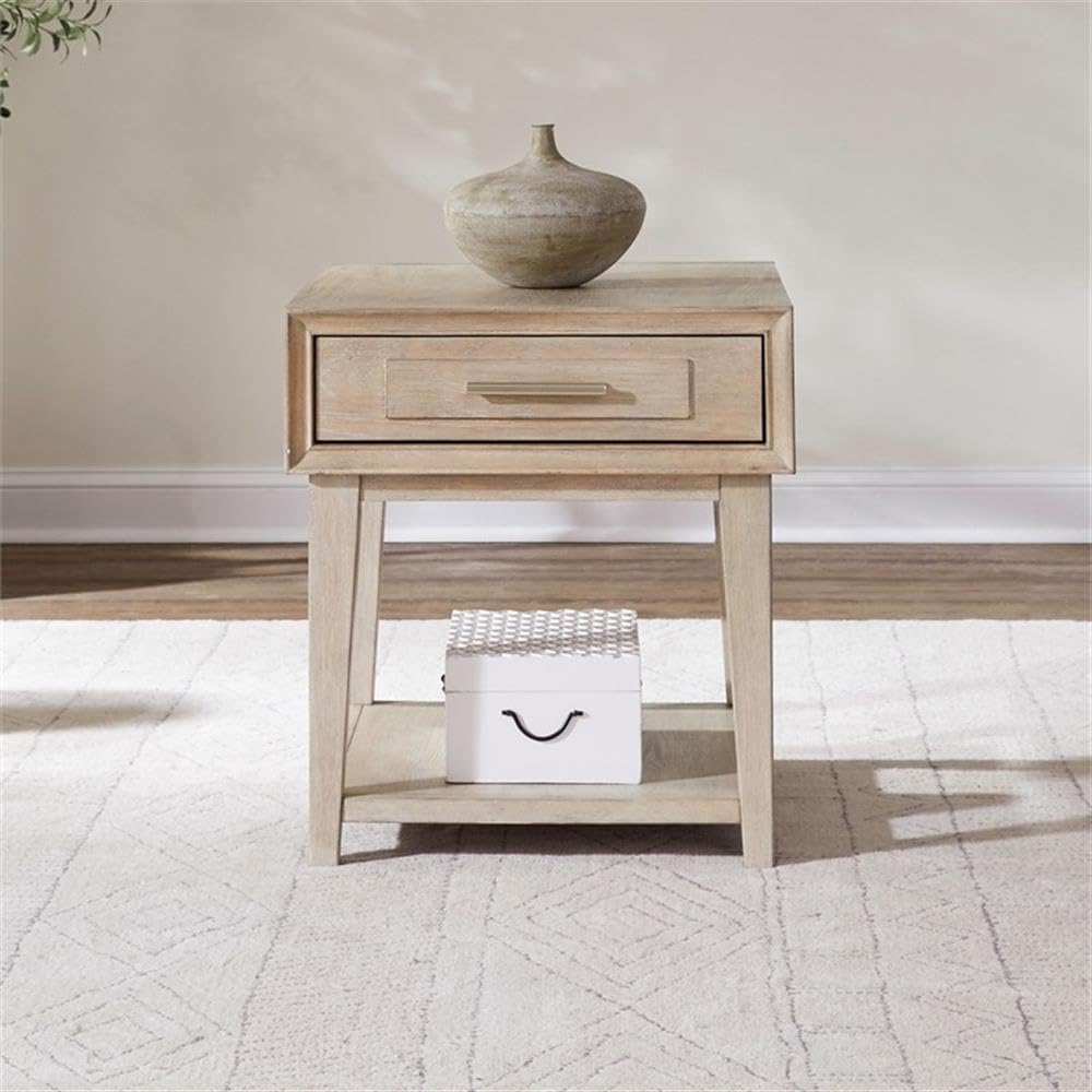 Pemberly Row 3-Piece Living Room Table Set, Sandstone Wood Finish, Includes Rectangular Cocktail Table with Casters and 2 End Tables, Open Bottom Shelves, Brushed Nickel Hardware, Contemporary Home