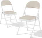 VECELO Folding Chairs Set of 2, Faux Leather Padded, Beige | Folding chairs with comfortable PU leather padded seat, Sturdy metal frame, Space saving design for office dining party