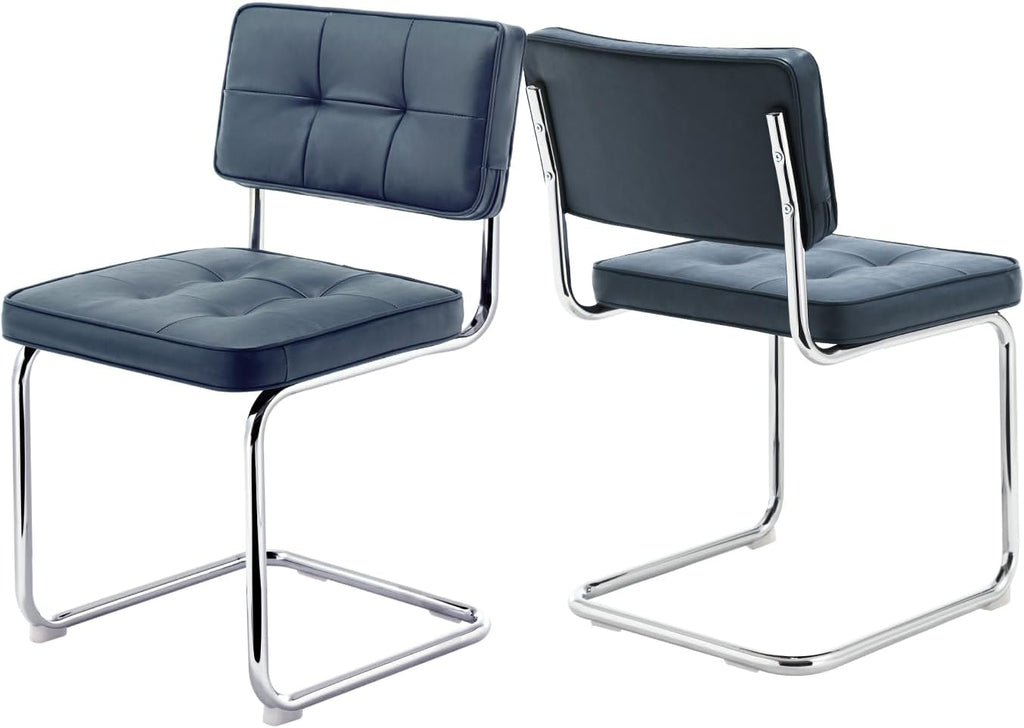 ONEVOG Retro Kitchen & Dining Chairs Set of 2, Mid Century Modern Dining Seat 19.3" with Faux Leather Cushion Back, Cantilever Chrome Metal Legs, Upholstered Armless Chair for Small Living Room, Blue