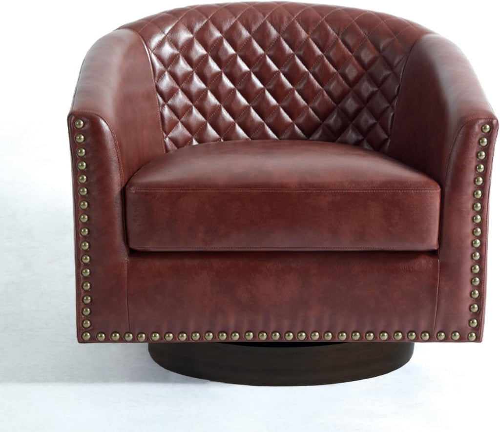 Swivel Barrel Accent Chairs Set of 2, Faux Leather Upholstered Armchair for Living Room, Comfy Bedroom Side Reading Seat, Red Brown