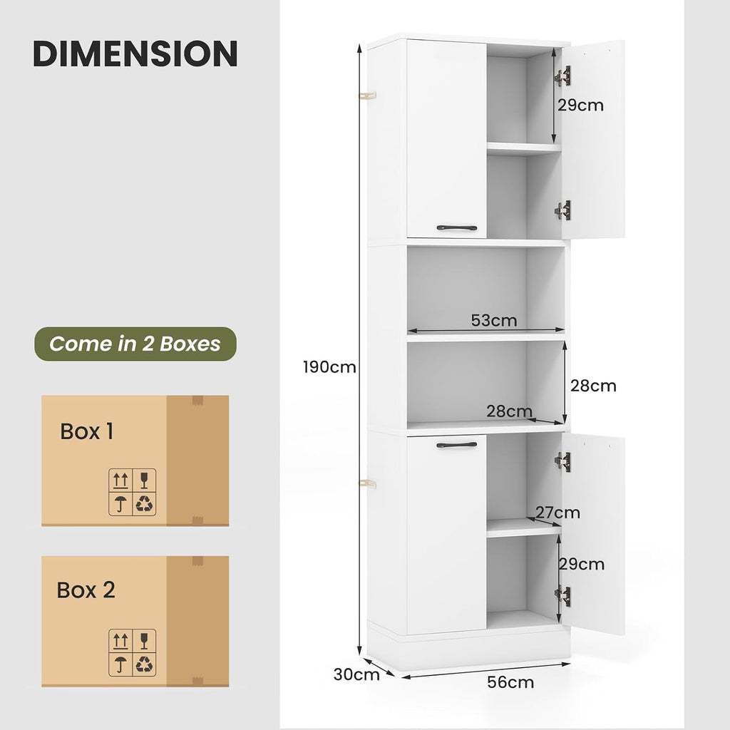 TANGZON 190CM Tall Kitchen Cupboard, 4-Door Storage Cabinet with Enclosed Cabinets, Open Compartments & Anti-tipping Kits, Freestanding Wooden Tall Sideboard for Pantry Dining Living Room (White)