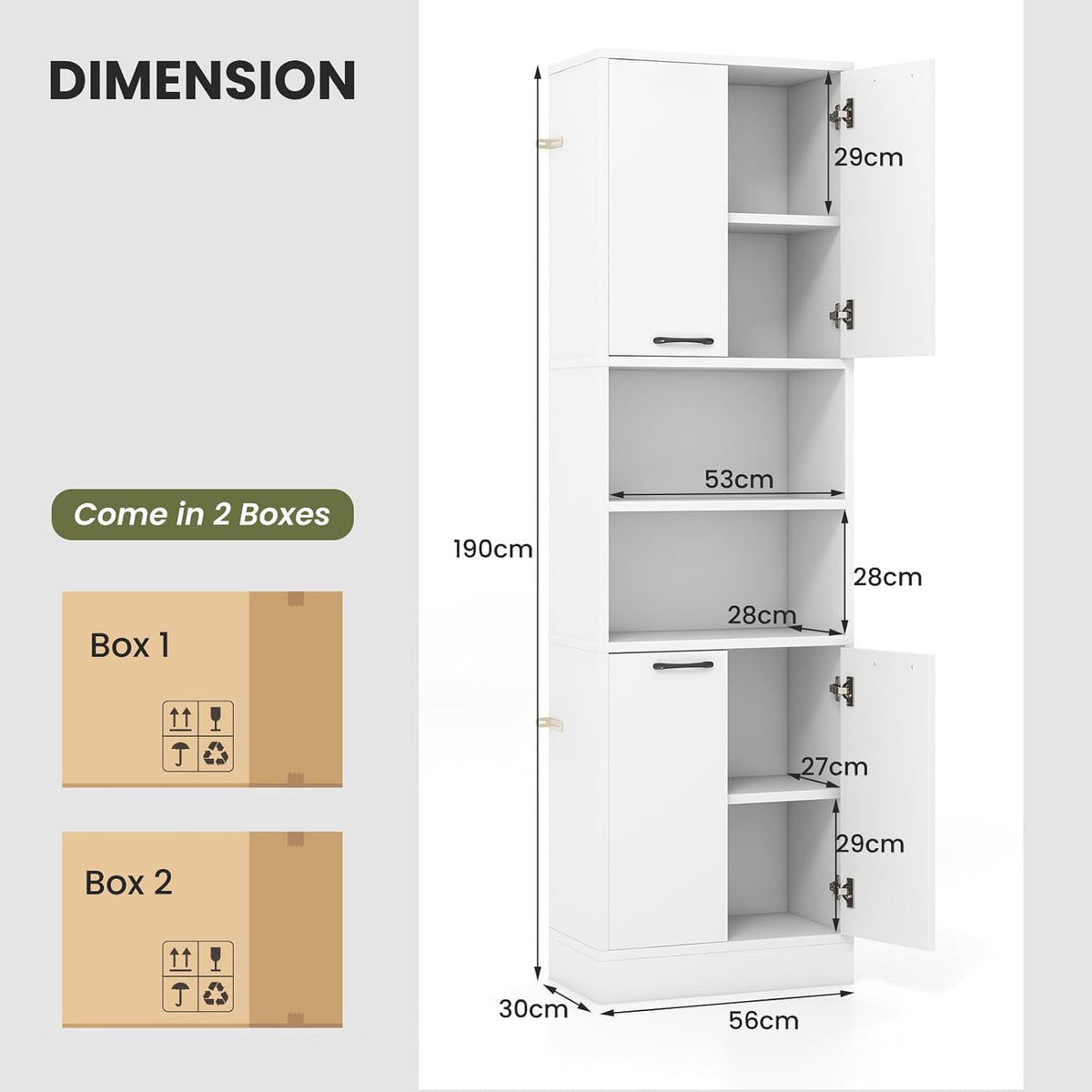 TANGZON 190CM Tall Kitchen Cupboard, 4-Door Storage Cabinet with Enclosed Cabinets, Open Compartments & Anti-tipping Kits, Freestanding Wooden Tall Sideboard for Pantry Dining Living Room (White)