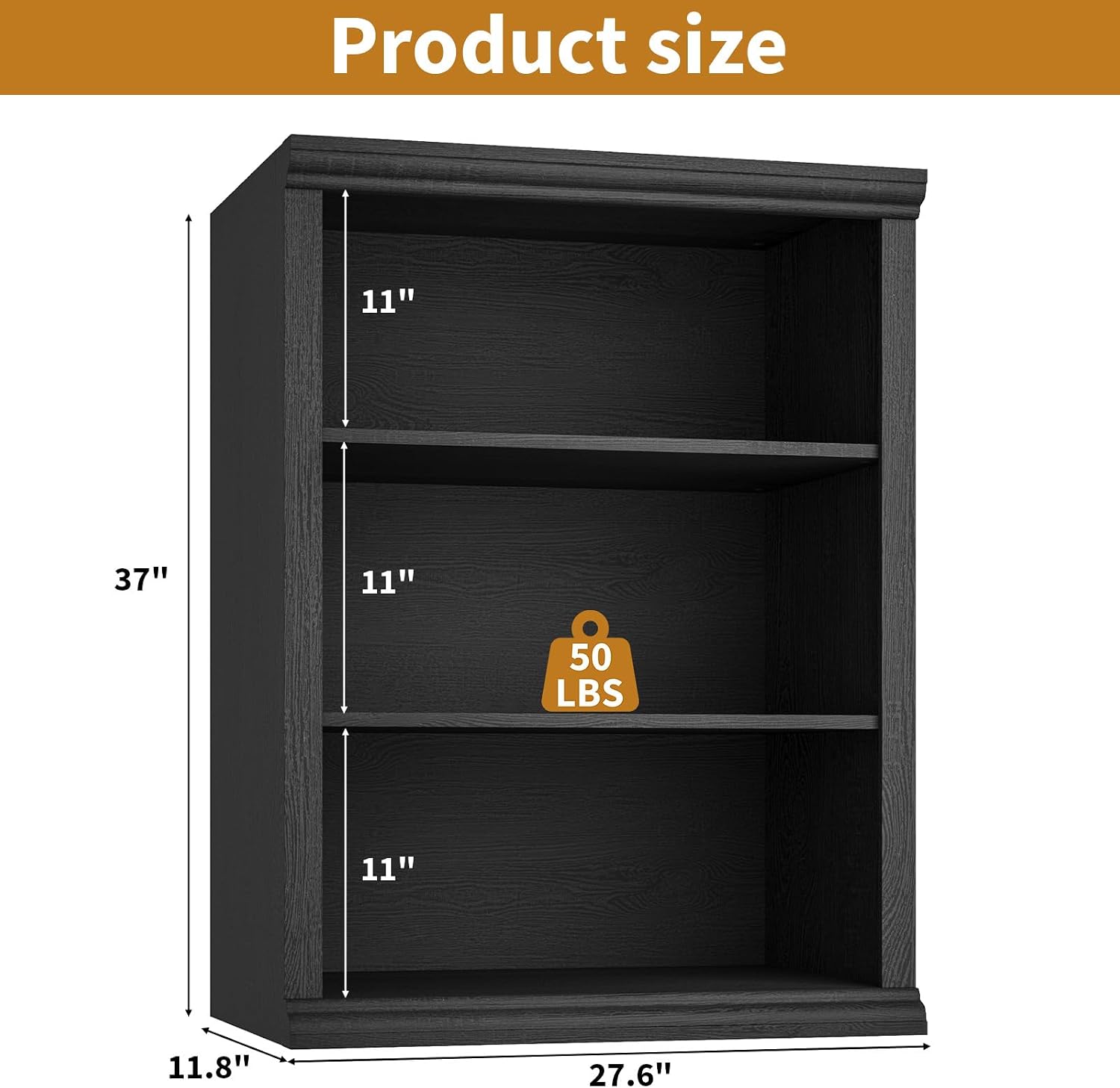 Rresyet 3 Tier Bookcase 27.6" W Bookshelf, Black
