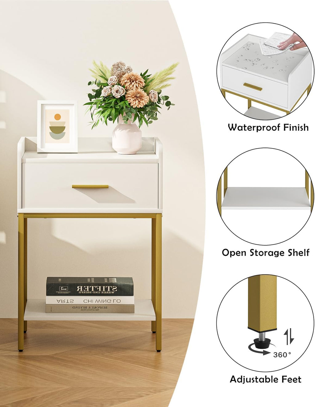 Nightstand,3-Tier Modern Night Stand,Bedside Table with Storage Drawer and Shelf,Small Side Table for Bedroom,Living Room,White