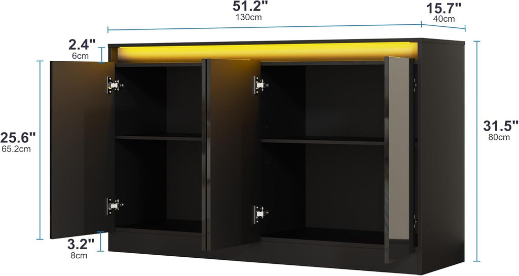 Furnify 51" W Buffet Cabinet with 4 Doors, High Gloss Sideboard Coffee Bar with LED Lights & Charging Station, Handless Modern Sideboard Storage Cabinet for Living Room, Entryway, Black