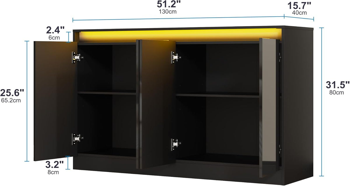 Furnify 51" W Buffet Cabinet with 4 Doors, High Gloss Sideboard Coffee Bar with LED Lights & Charging Station, Handless Modern Sideboard Storage Cabinet for Living Room, Entryway, Black