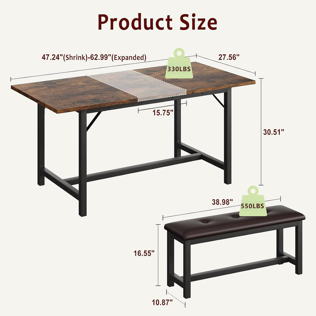IDEALHOUSE 3 Piece Dining Table Set for 4-6, 63" Extendable Thick Metal Frame Kitchen Table with 2 Upholstered Benches Set for 6, Rectangle Wooden Dinette Table Set for Dining, Apartment, Retro Brown
