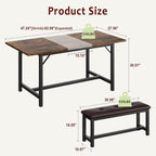 IDEALHOUSE 3 Piece Dining Table Set for 4-6, 63" Extendable Thick Metal Frame Kitchen Table with 2 Upholstered Benches Set for 6, Rectangle Wooden Dinette Table Set for Dining, Apartment, Retro Brown